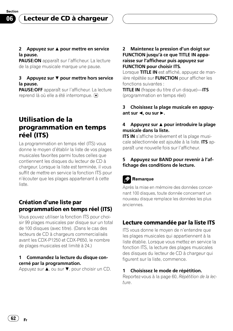 Utilisation de la programmation en temps, Réel (its) 62, Création dune liste par | Programmation en temps réel (its) 62, Lecture commandée par la liste, Its 62, Lecteur de cd à chargeur | Pioneer DEH-P3500 User Manual | Page 62 / 124