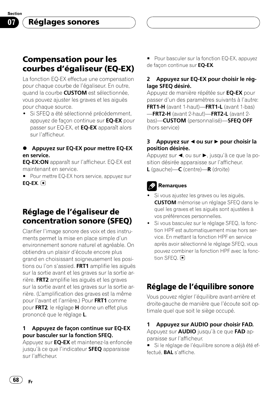 Compensation pour les courbes dégaliseur, Eq-ex) 68, Réglage de légaliseur de concentration | Sonore (sfeq) 68, Réglage de léquilibre sonore 68, Compensation pour les courbes dégaliseur (eq-ex), Réglage de léquilibre sonore, Réglages sonores | Pioneer DEH-P3500 User Manual | Page 68 / 124