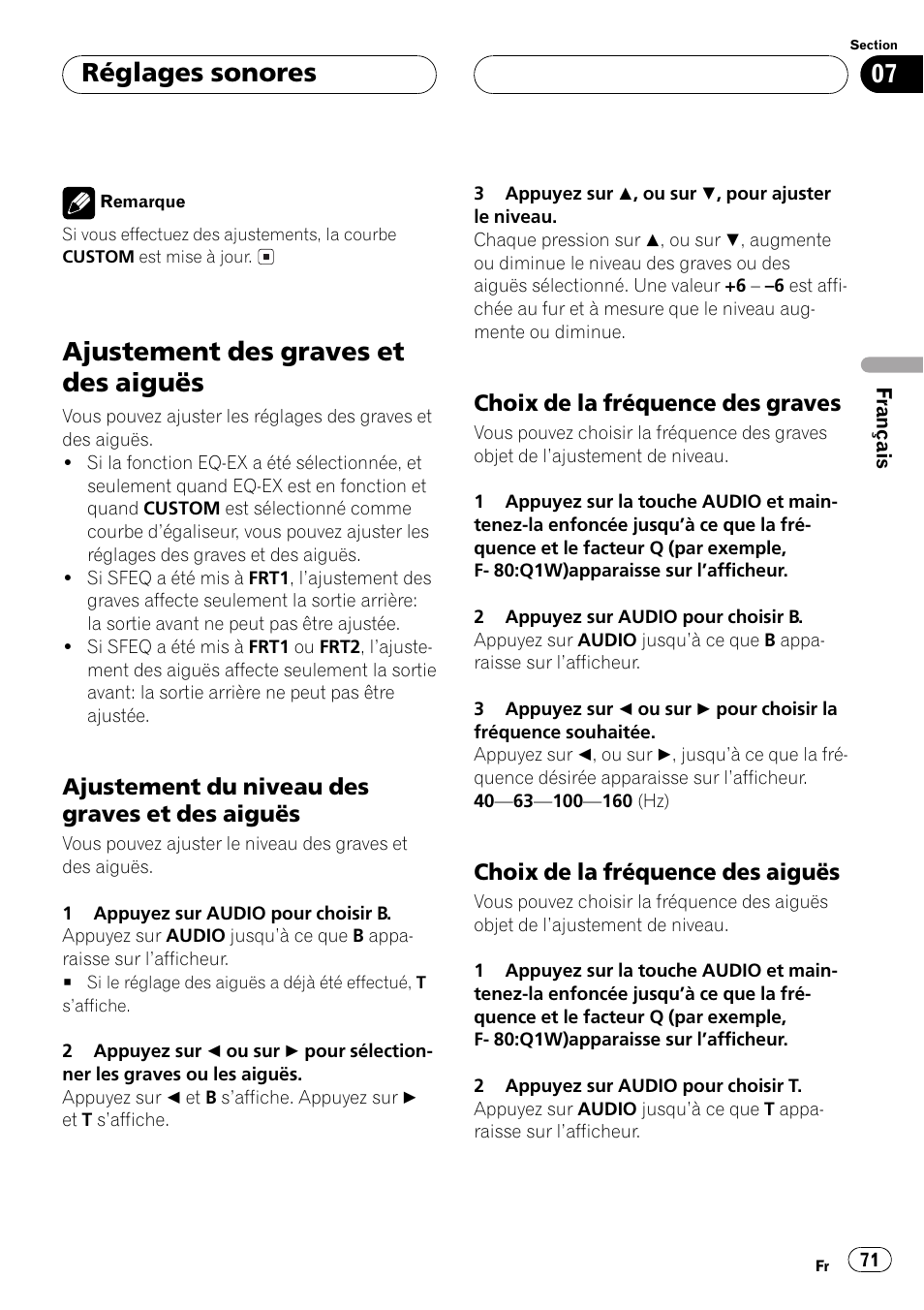 Ajustement des graves et des aiguës 71, Ajustement du niveau des graves et, Des aiguës 71 | Choix de la fréquence des graves 71, Choix de la fréquence des aiguës 71, Ajustement des graves et des aiguës, Réglages sonores | Pioneer DEH-P3500 User Manual | Page 71 / 124