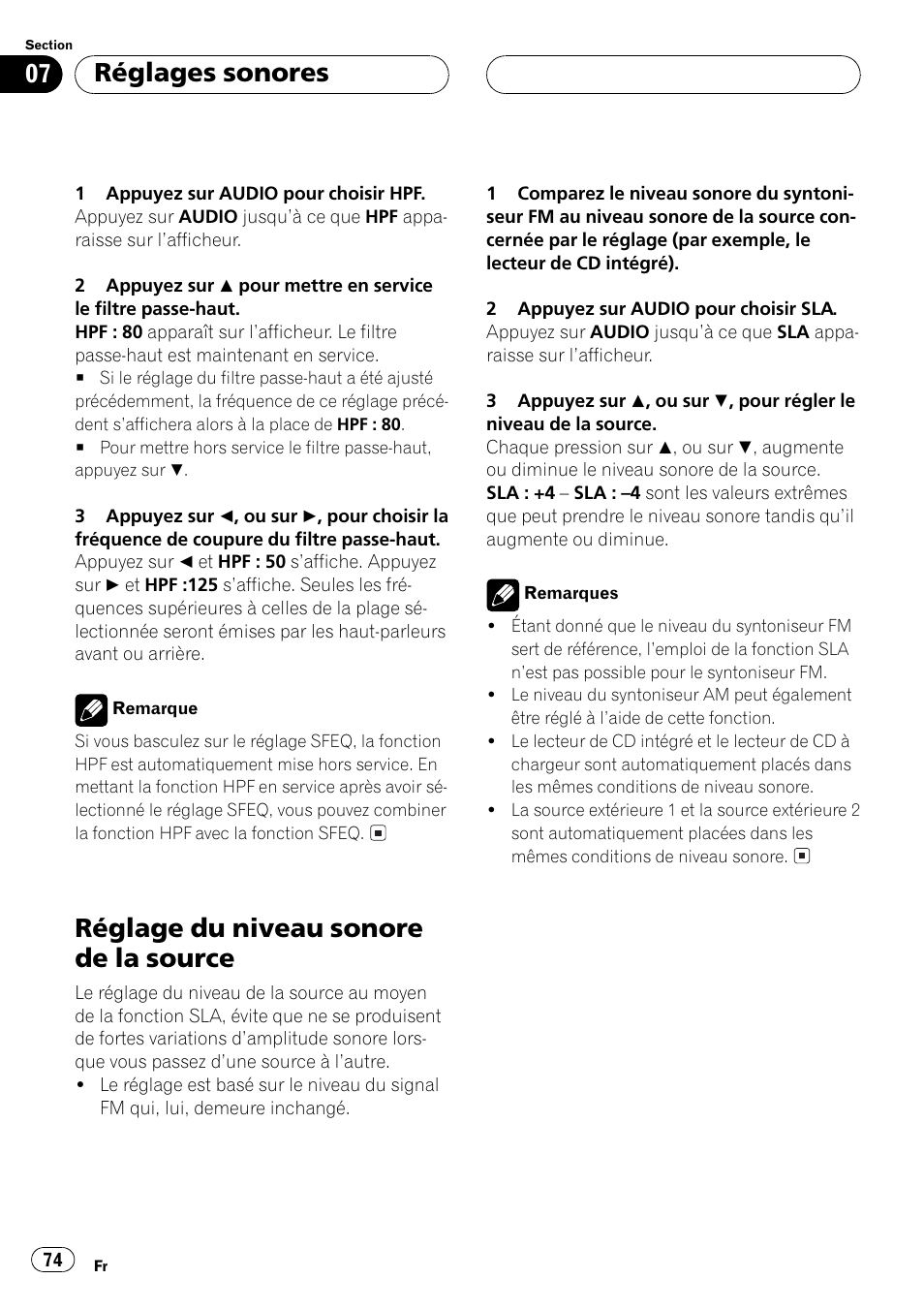 Réglage du niveau sonore de la source 74, Réglage du niveau sonore de la source, Réglages sonores | Pioneer DEH-P3500 User Manual | Page 74 / 124