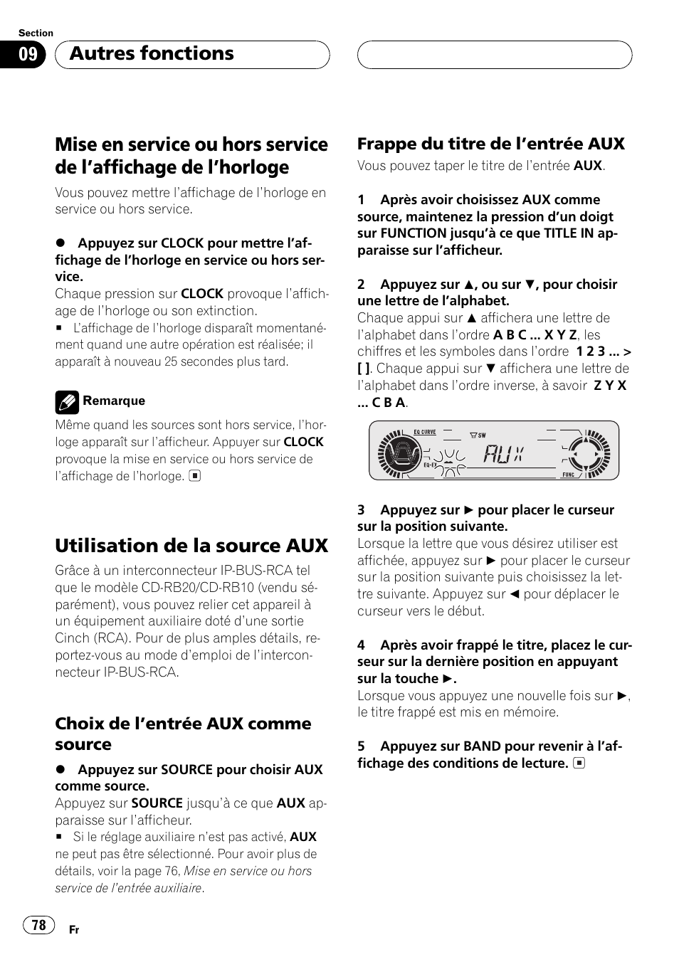 Autres fonctions, Mise en service ou hors service de laffichage, De lhorloge 78 | Utilisation de la source aux 78, Choix de lentrée aux comme, Source 78, Frappe du titre de lentrée aux 78, Utilisation de la source aux | Pioneer DEH-P3500 User Manual | Page 78 / 124