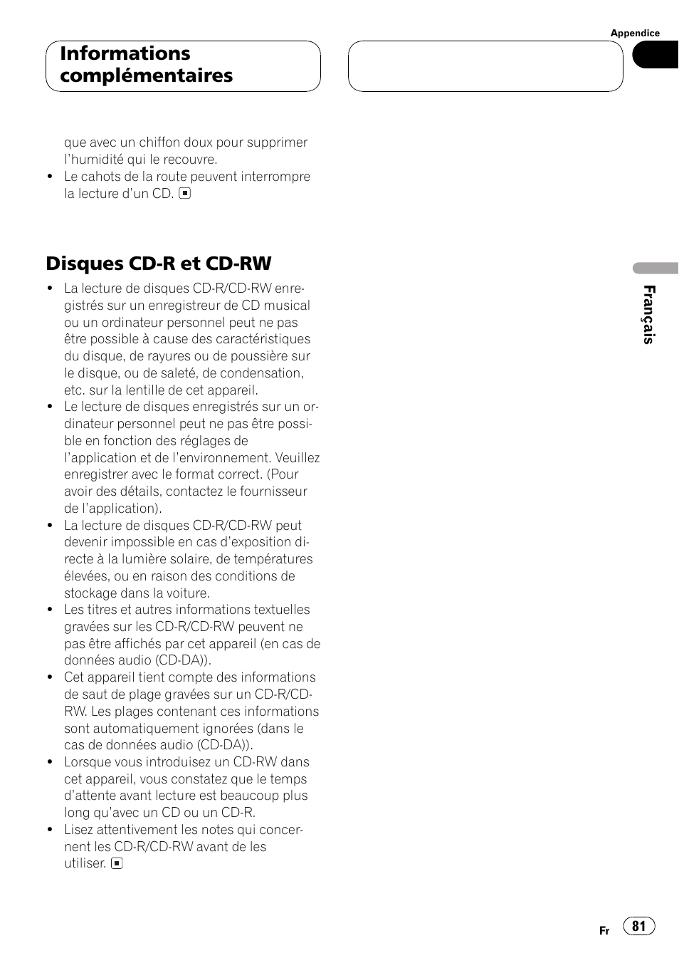 Disques cd-r et cd-rw 81, Disques cd-r et cd-rw, Informations complémentaires | Pioneer DEH-P3500 User Manual | Page 81 / 124