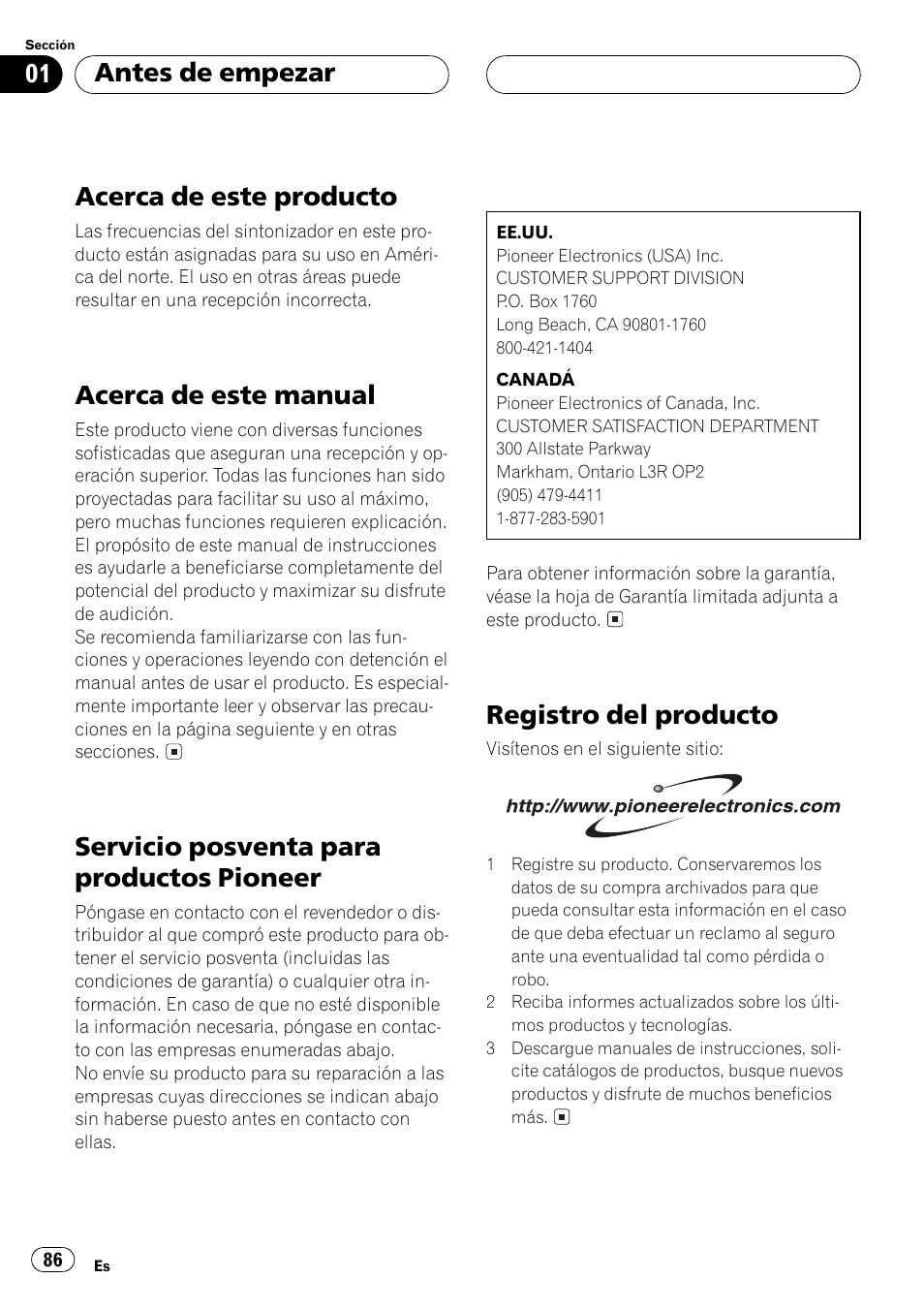 Antes de empezar acerca de este producto 86, Acerca de este manual 86, Servicio posventa para productos | Pioneer 86, Registro del producto 86, Acerca de este producto, Acerca de este manual, Servicio posventa para productos pioneer, Registro del producto, Antes de empezar | Pioneer DEH-P3500 User Manual | Page 86 / 124