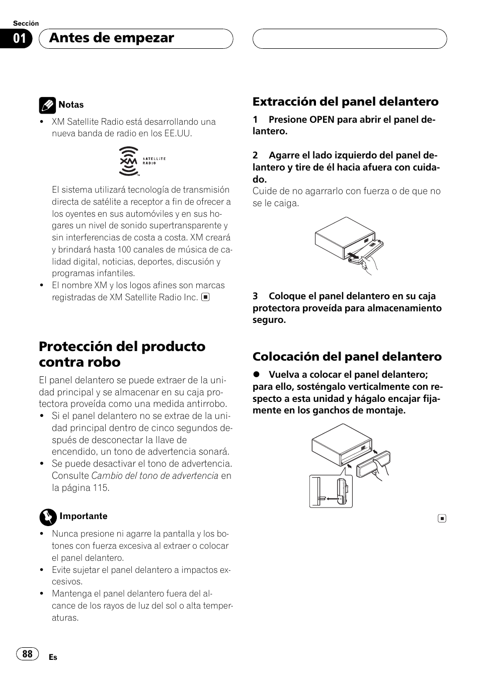 Protección del producto contra robo 88, Extracción del panel delantero 88, Colocación del panel delantero 88 | Protección del producto contra robo, Antes de empezar | Pioneer DEH-P3500 User Manual | Page 88 / 124