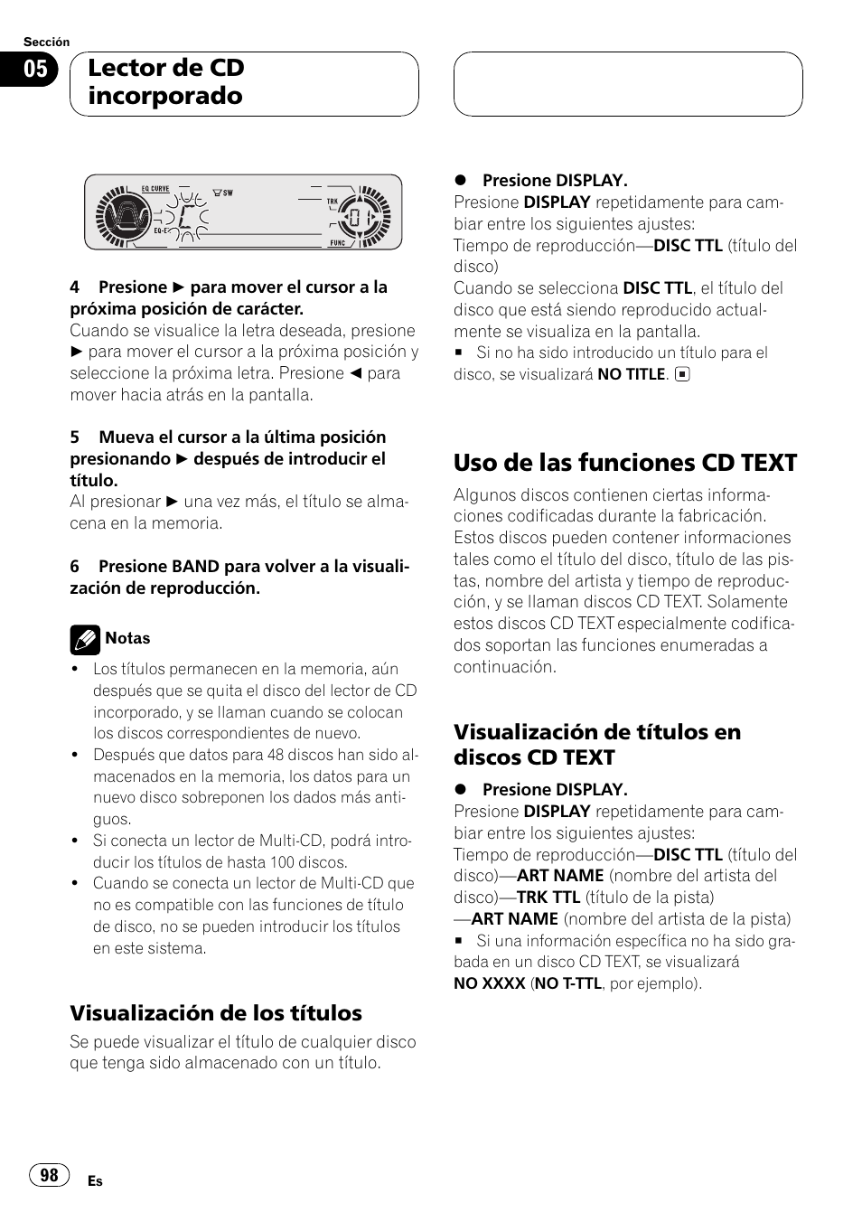 Visualización de los títulos 98, Uso de las funciones cd text 98, Visualización de títulos en discos cd | Text 98, Uso de las funciones cd text, Lector de cd incorporado, Visualización de los títulos, Visualización de títulos en discos cd text | Pioneer DEH-P3500 User Manual | Page 98 / 124