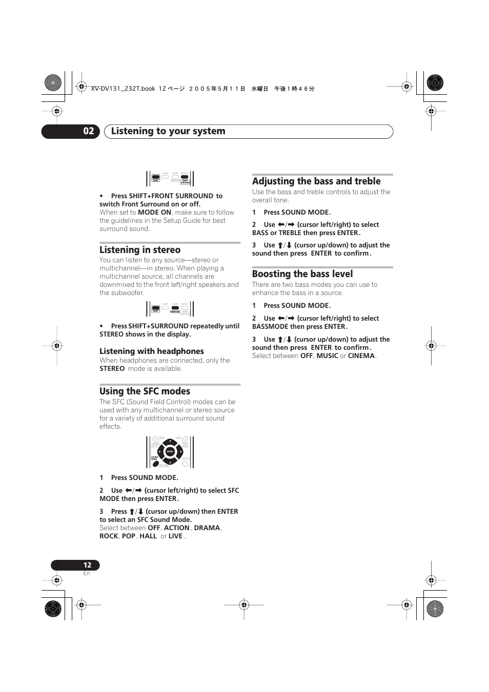 Listening to your system 02, Listening in stereo, Using the sfc modes | Adjusting the bass and treble, Boosting the bass level, Listening with headphones | Pioneer S-DV232T User Manual | Page 12 / 85