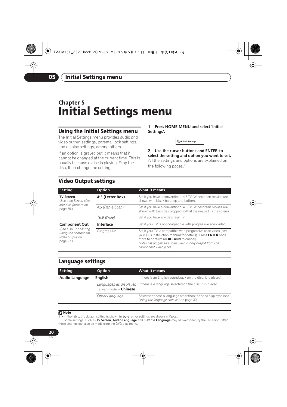 Initial settings menu, Initial settings menu 05, Chapter 5 | Using the initial settings menu, Video output settings, Language settings | Pioneer S-DV232T User Manual | Page 20 / 85