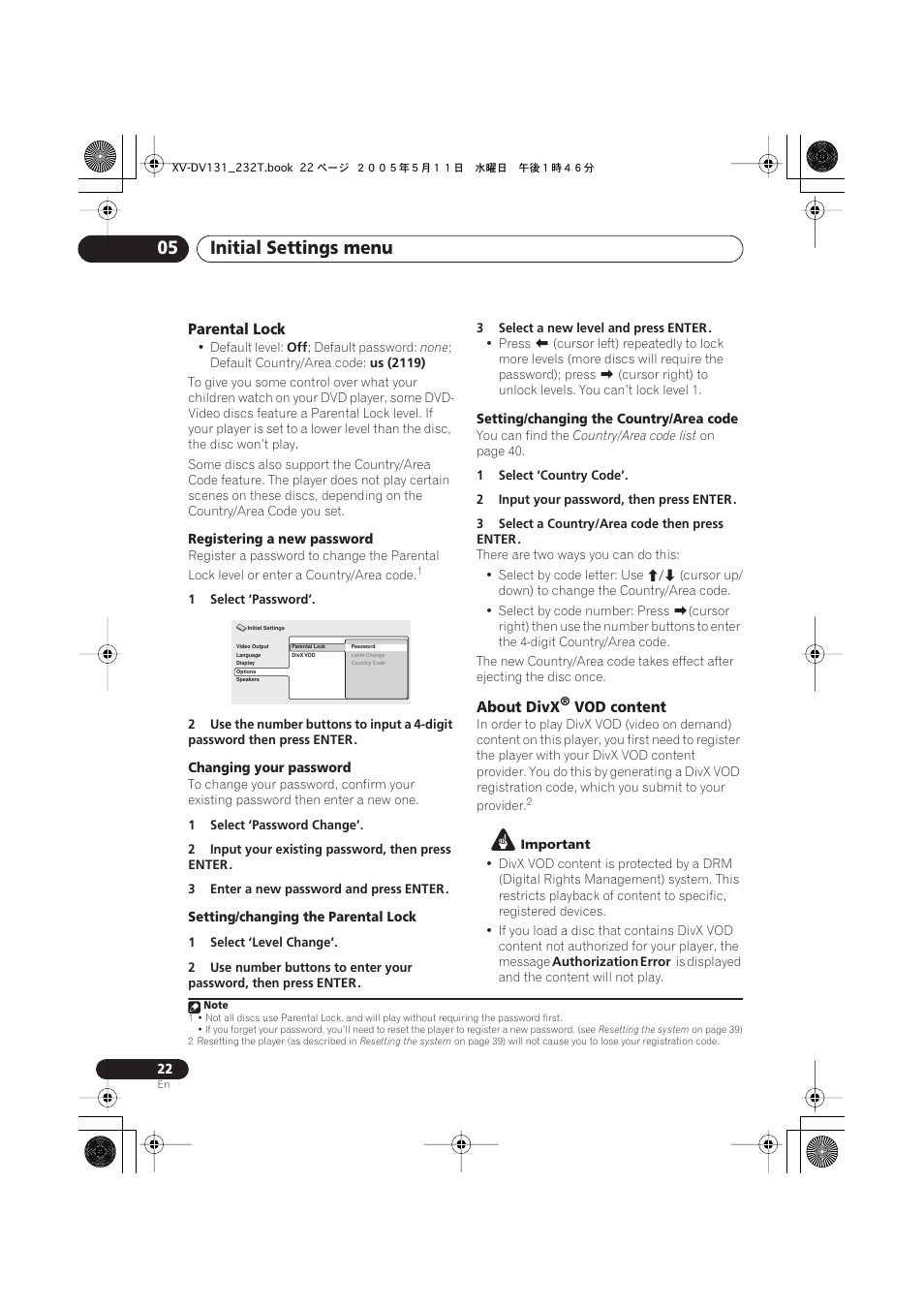 Initial settings menu 05, Parental lock, About divx | Vod content | Pioneer S-DV232T User Manual | Page 22 / 85