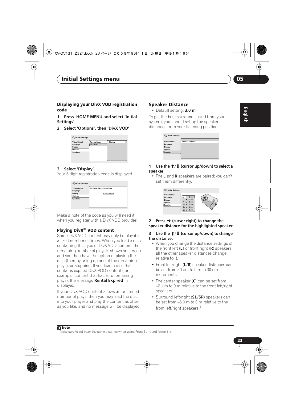 Initial settings menu 05, Speaker distance | Pioneer S-DV232T User Manual | Page 23 / 85