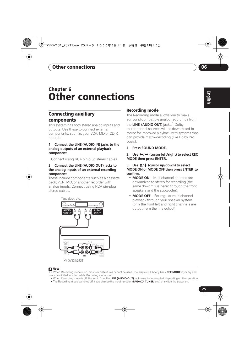 Other connections, Other connections 06, Chapter 6 | Connecting auxiliary components, Recording mode | Pioneer S-DV232T User Manual | Page 25 / 85