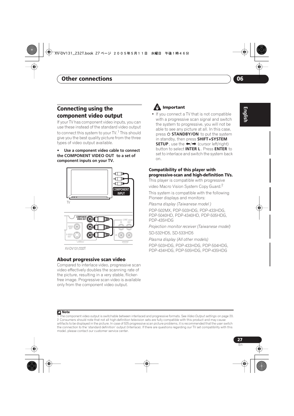 Other connections 06, Connecting using the component video output, About progressive scan video | Pioneer S-DV232T User Manual | Page 27 / 85