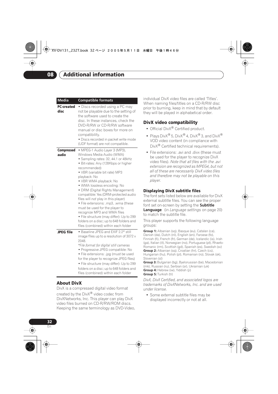 About divx, Divx video compatibility, Additional information 08 | Pioneer S-DV232T User Manual | Page 32 / 85