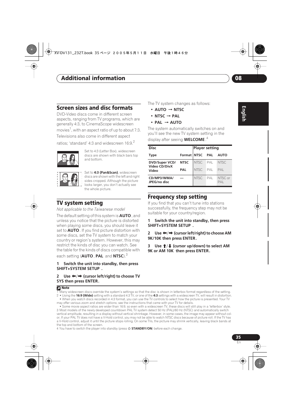 Screen sizes and disc formats, Tv system setting, Frequency step setting | Additional information 08 | Pioneer S-DV232T User Manual | Page 35 / 85