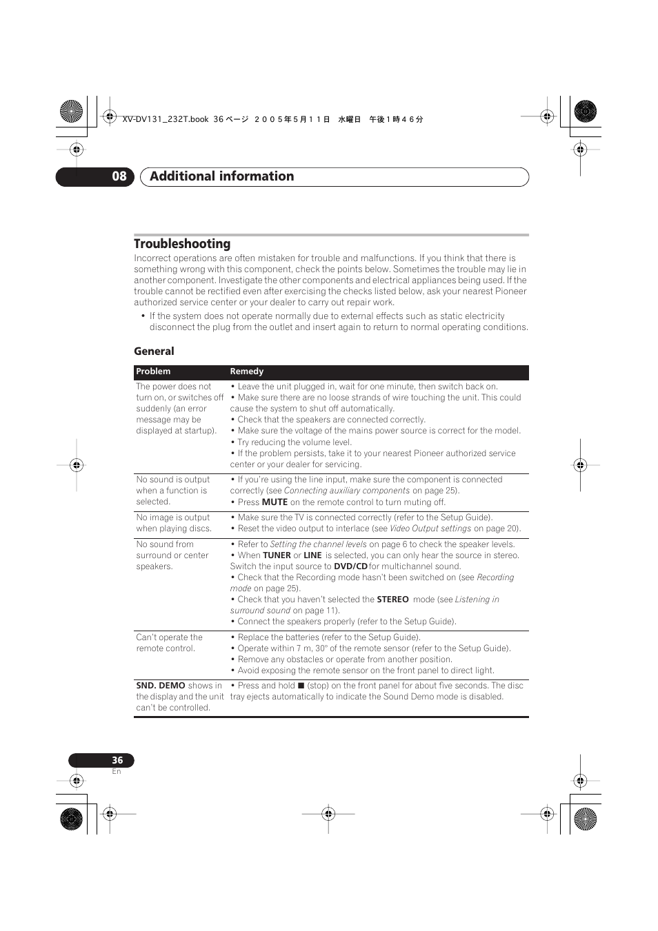 Troubleshooting, General, Additional information 08 | Pioneer S-DV232T User Manual | Page 36 / 85