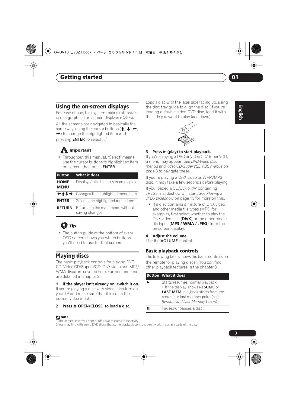 Getting started 01, Using the on-screen displays, Playing discs | Pioneer S-DV232T User Manual | Page 7 / 85