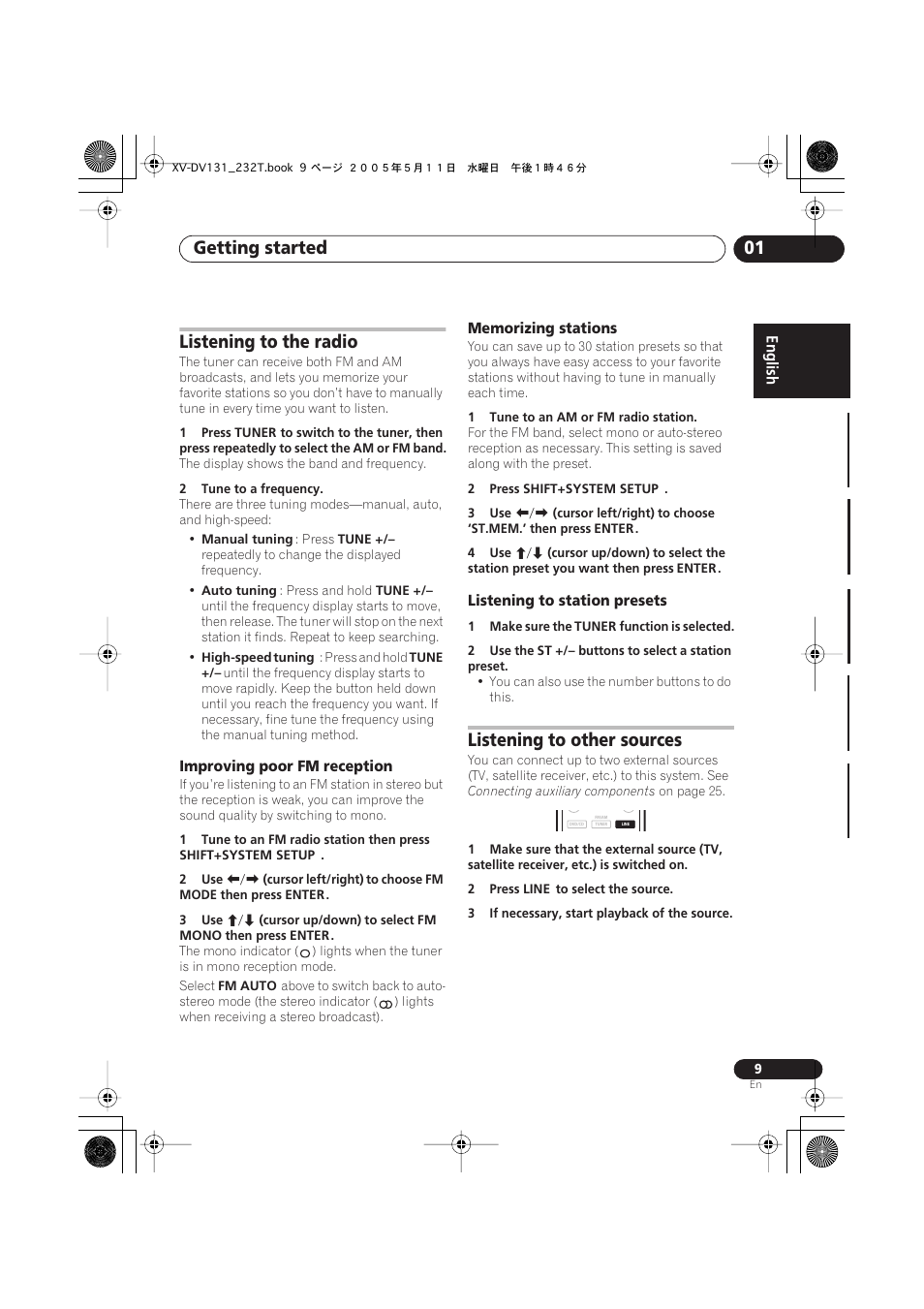 Getting started 01, Listening to the radio, Listening to other sources | Pioneer S-DV232T User Manual | Page 9 / 85
