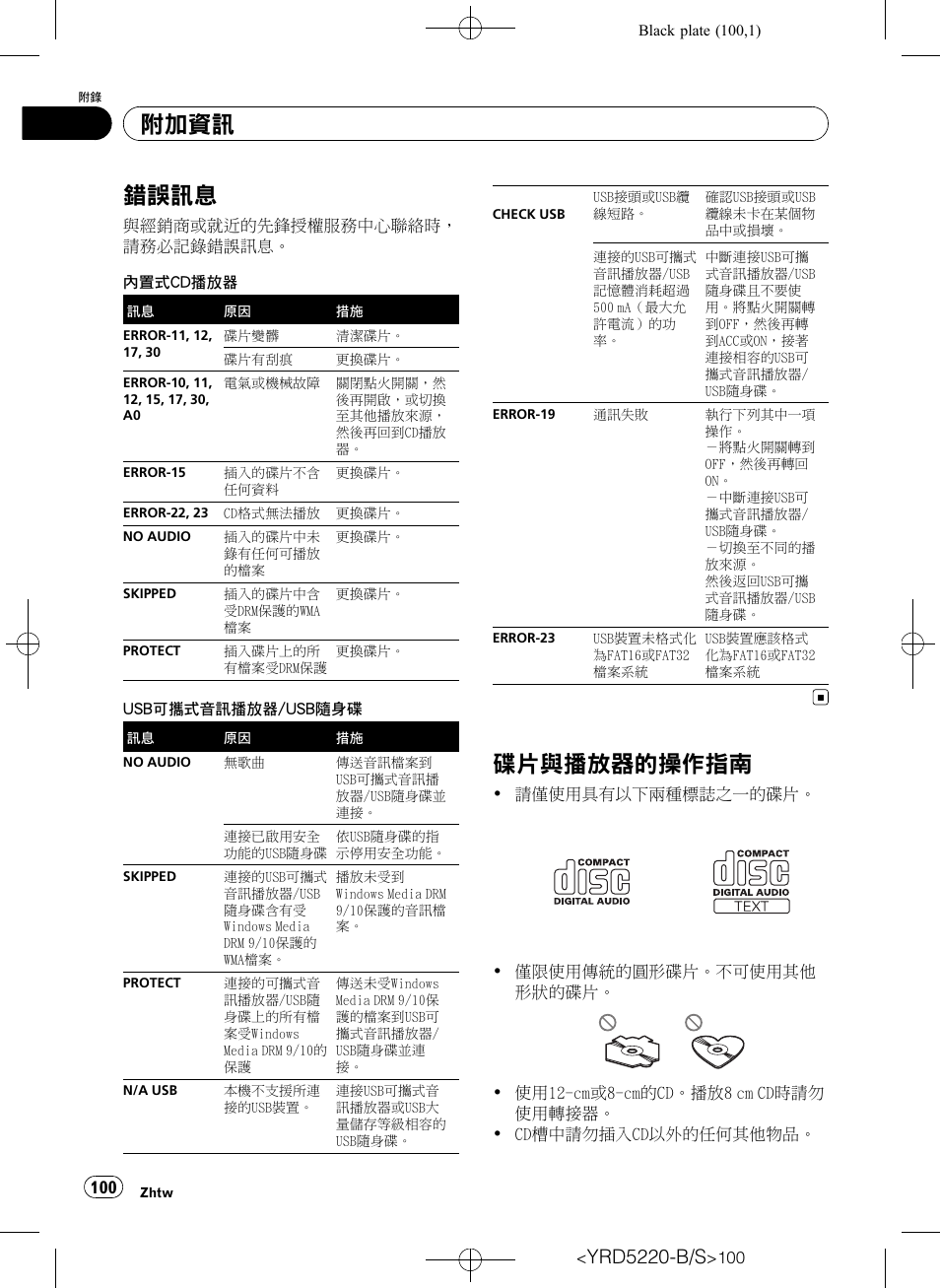 附加資訊, 錯誤訊息 100, 碟片與播放器的操作指南 100 | 讀第100頁上, 閱第100頁上, 錯誤訊息, 碟片與播放器的操作指南, Yrd5220-b/s | Pioneer Super Tuner III D DEH-2150UB User Manual | Page 100 / 128