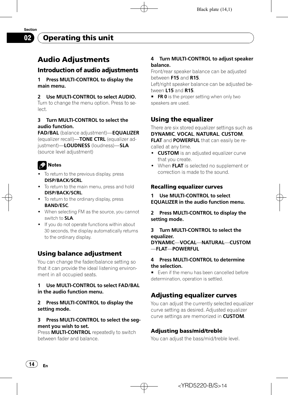 Audio adjustments, Introduction of audio adjustments 14, Using balance adjustment 14 | Using the equalizer 14, Adjusting equalizer curves 14, Operating this unit, Introduction of audio adjustments, Using balance adjustment, Using the equalizer, Adjusting equalizer curves | Pioneer Super Tuner III D DEH-2150UB User Manual | Page 14 / 128