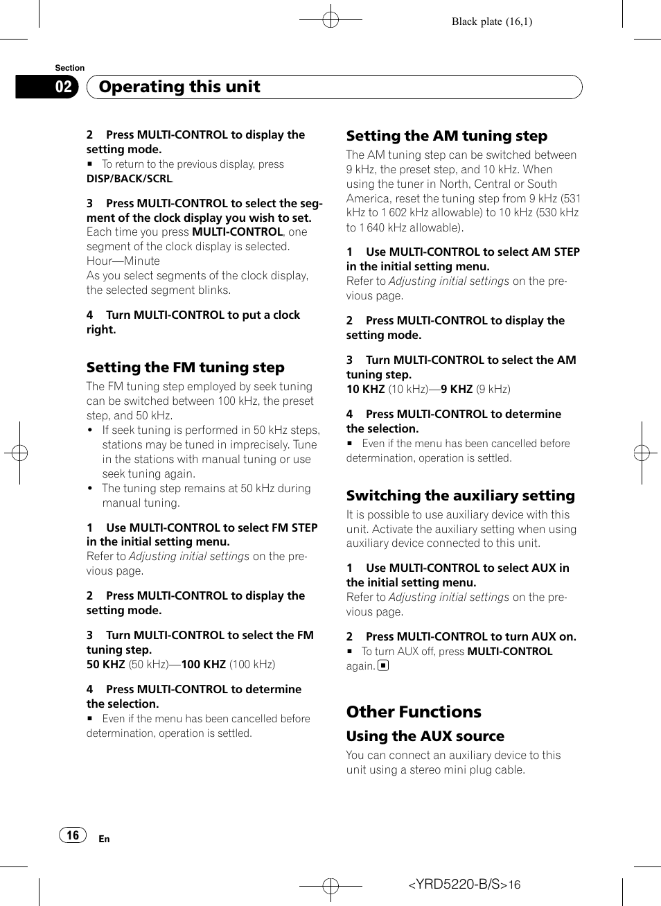 Setting the fm tuning step 16, Setting the am tuning step 16, Switching the auxiliary setting 16 | Other functions, Using the aux source 16, Operating this unit, Setting the fm tuning step, Setting the am tuning step, Switching the auxiliary setting, Using the aux source | Pioneer Super Tuner III D DEH-2150UB User Manual | Page 16 / 128