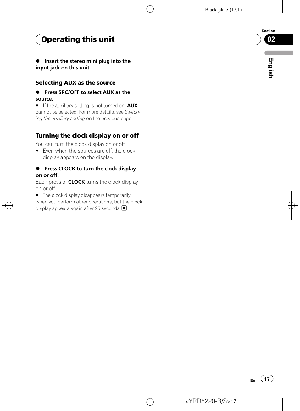 Turning the clock display on or off 17, Operating this unit | Pioneer Super Tuner III D DEH-2150UB User Manual | Page 17 / 128