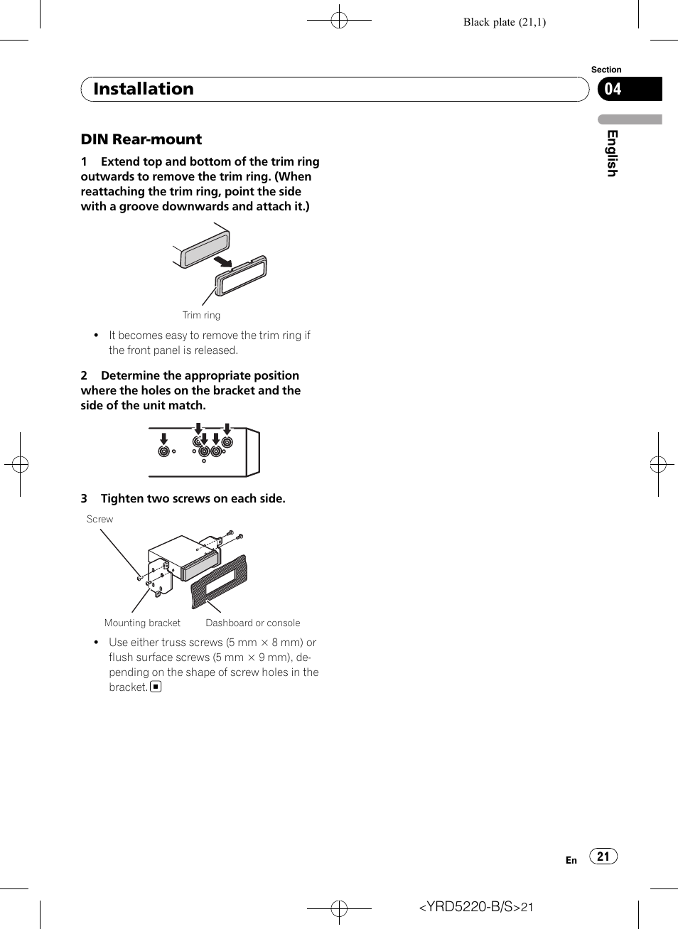 Din rear-mount 21, Installation, Din rear-mount | Pioneer Super Tuner III D DEH-2150UB User Manual | Page 21 / 128