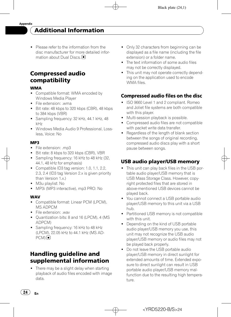 Compressed audio compatibility, Handling guideline and supplemental, Information | Compressed audio files on the, Disc, Usb audio player/usb memory 24, Handling guideline and supplemental information, Additional information, Compressed audio files on the disc | Pioneer Super Tuner III D DEH-2150UB User Manual | Page 24 / 128