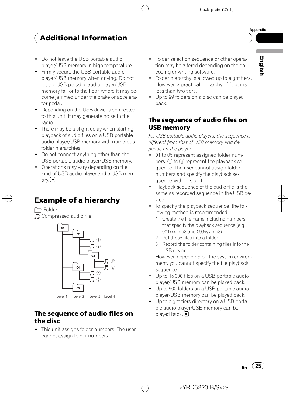 Example of a hierarchy, The sequence of audio files on the, Disc | The sequence of audio files on usb, Memory, Additional information, The sequence of audio files on the disc | Pioneer Super Tuner III D DEH-2150UB User Manual | Page 25 / 128