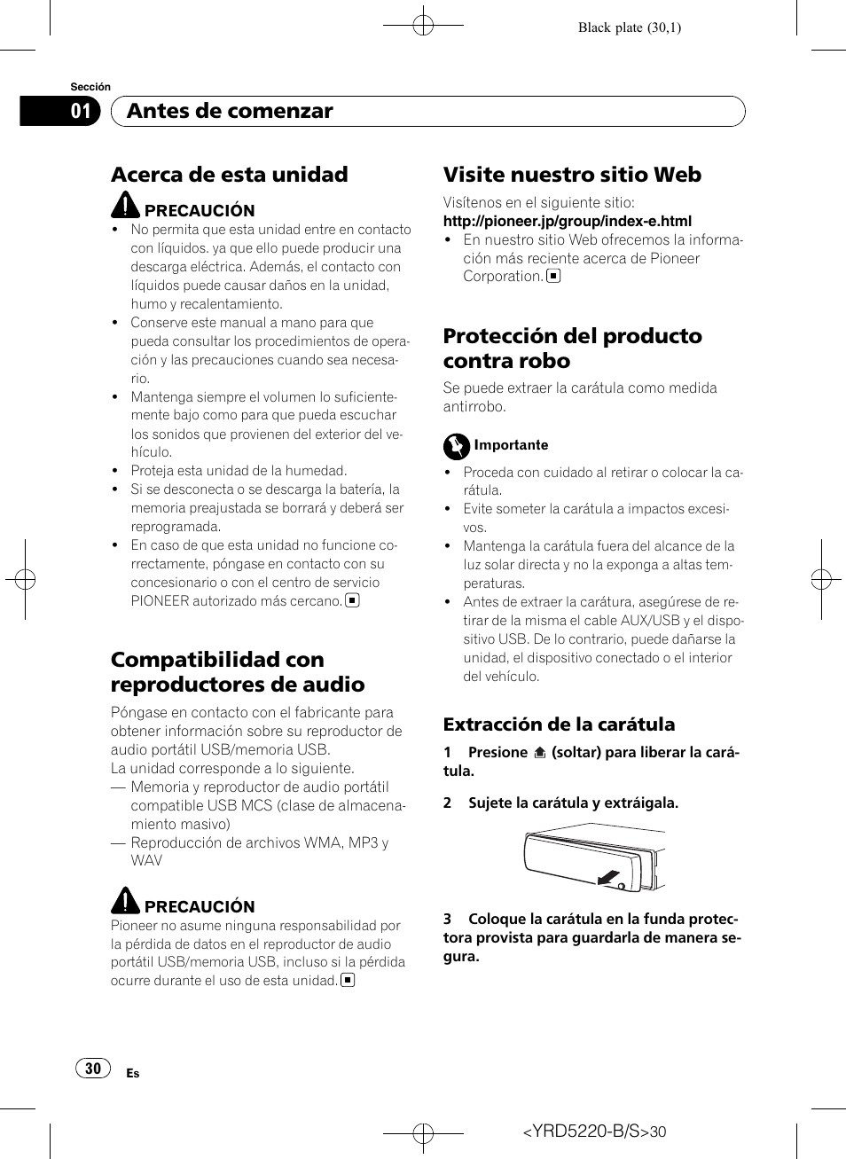 Antes de comenzar, Acerca de esta unidad, Compatibilidad con reproductores de | Audio, Visite nuestro sitio web, Protección del producto contra robo, Extracción de la carátula 30, Compatibilidad con reproductores de audio, Extracción de la carátula | Pioneer Super Tuner III D DEH-2150UB User Manual | Page 30 / 128