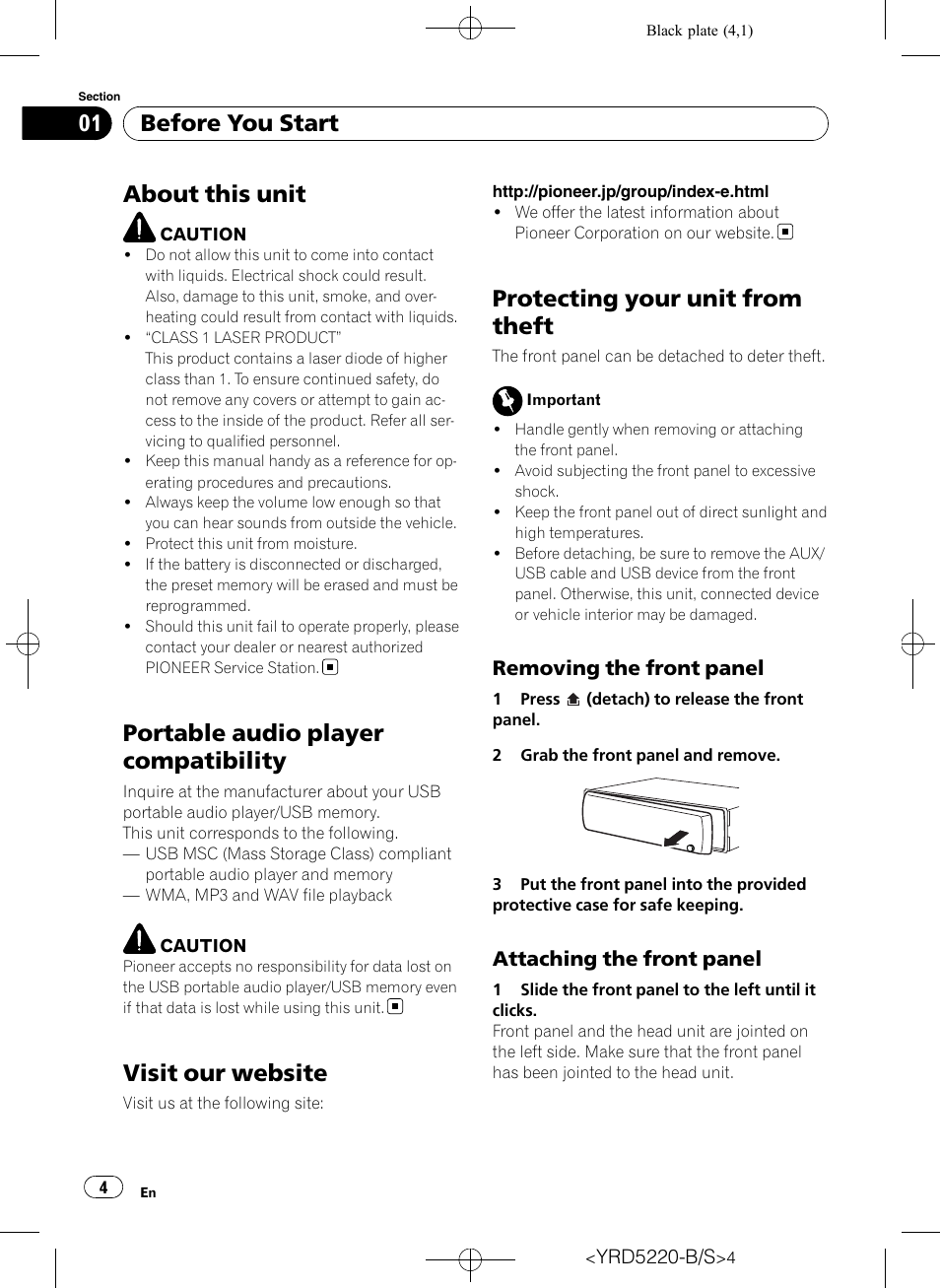 Before you start, About this unit, Portable audio player compatibility | Visit our website, Protecting your unit from theft, Removing the front panel 4, Attaching the front panel 4, Removing the front panel, Attaching the front panel | Pioneer Super Tuner III D DEH-2150UB User Manual | Page 4 / 128