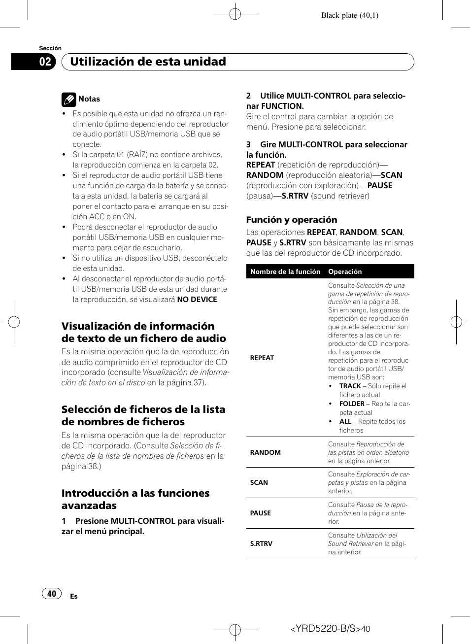 Visualización de información de texto, De un fichero de audio, Selección de ficheros de la lista de | Nombres de ficheros, Introducción a las funciones, Avanzadas, Utilización de esta unidad, Introducción a las funciones avanzadas, Yrd5220-b/s | Pioneer Super Tuner III D DEH-2150UB User Manual | Page 40 / 128