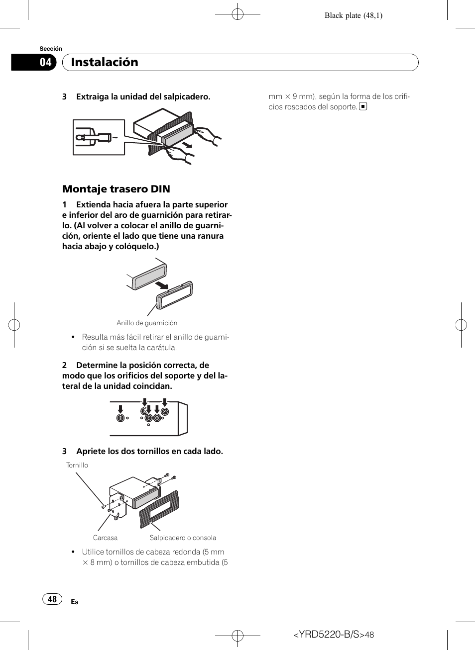 Montaje trasero din 48, Instalación, Montaje trasero din | Pioneer Super Tuner III D DEH-2150UB User Manual | Page 48 / 128