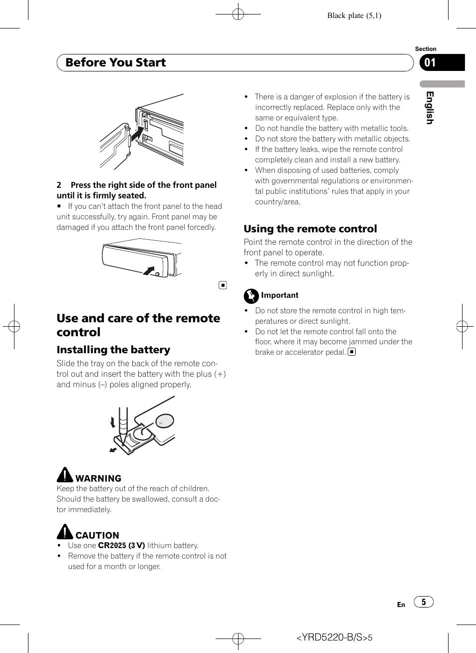 Use and care of the remote control, Installing the battery 5, Using the remote control 5 | Before you start, Installing the battery, Using the remote control | Pioneer Super Tuner III D DEH-2150UB User Manual | Page 5 / 128