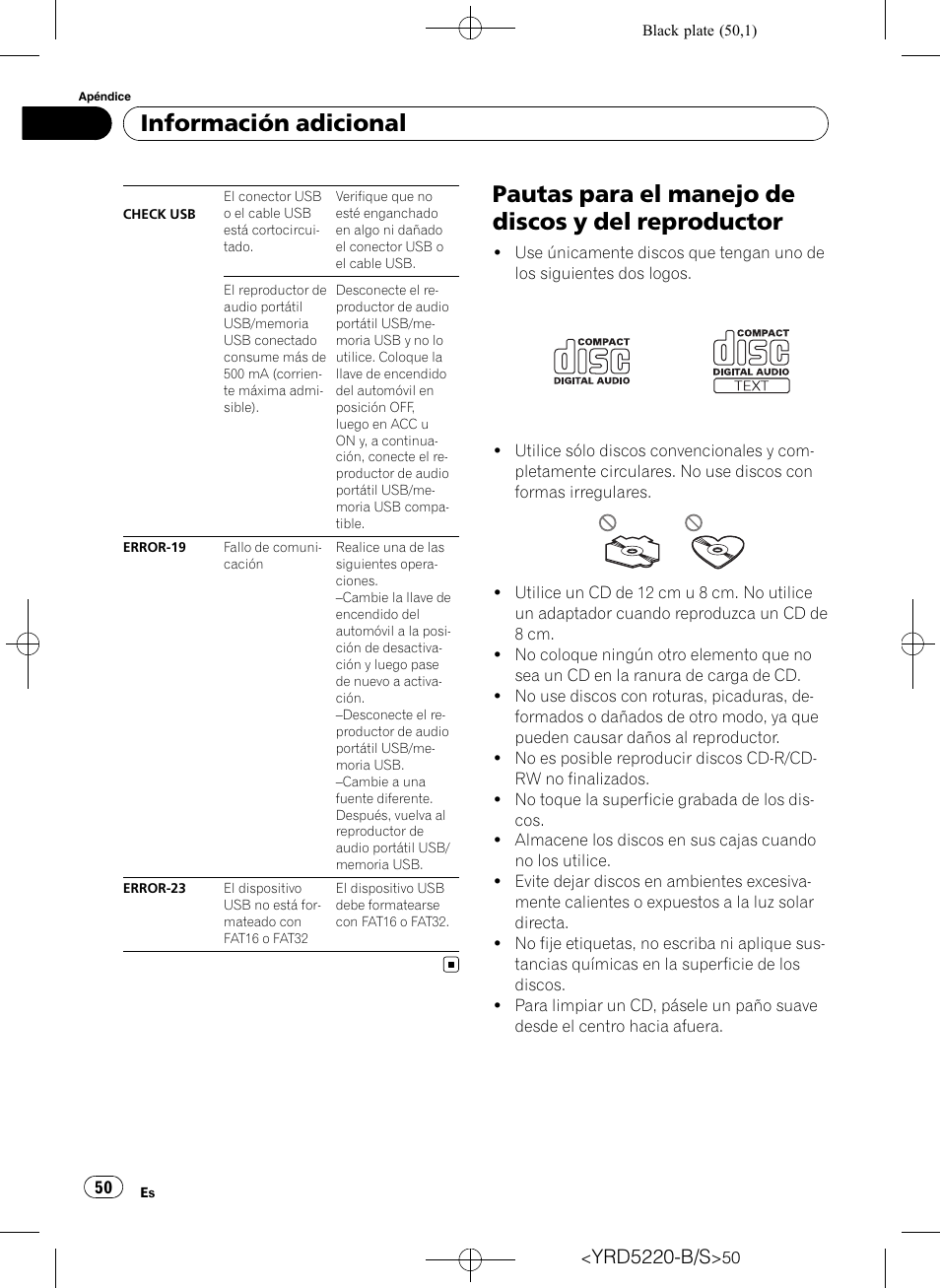 Pautas para el manejo de discos y del, Reproductor, Pautas para el manejo de discos y del reproductor | Información adicional, Yrd5220-b/s | Pioneer Super Tuner III D DEH-2150UB User Manual | Page 50 / 128