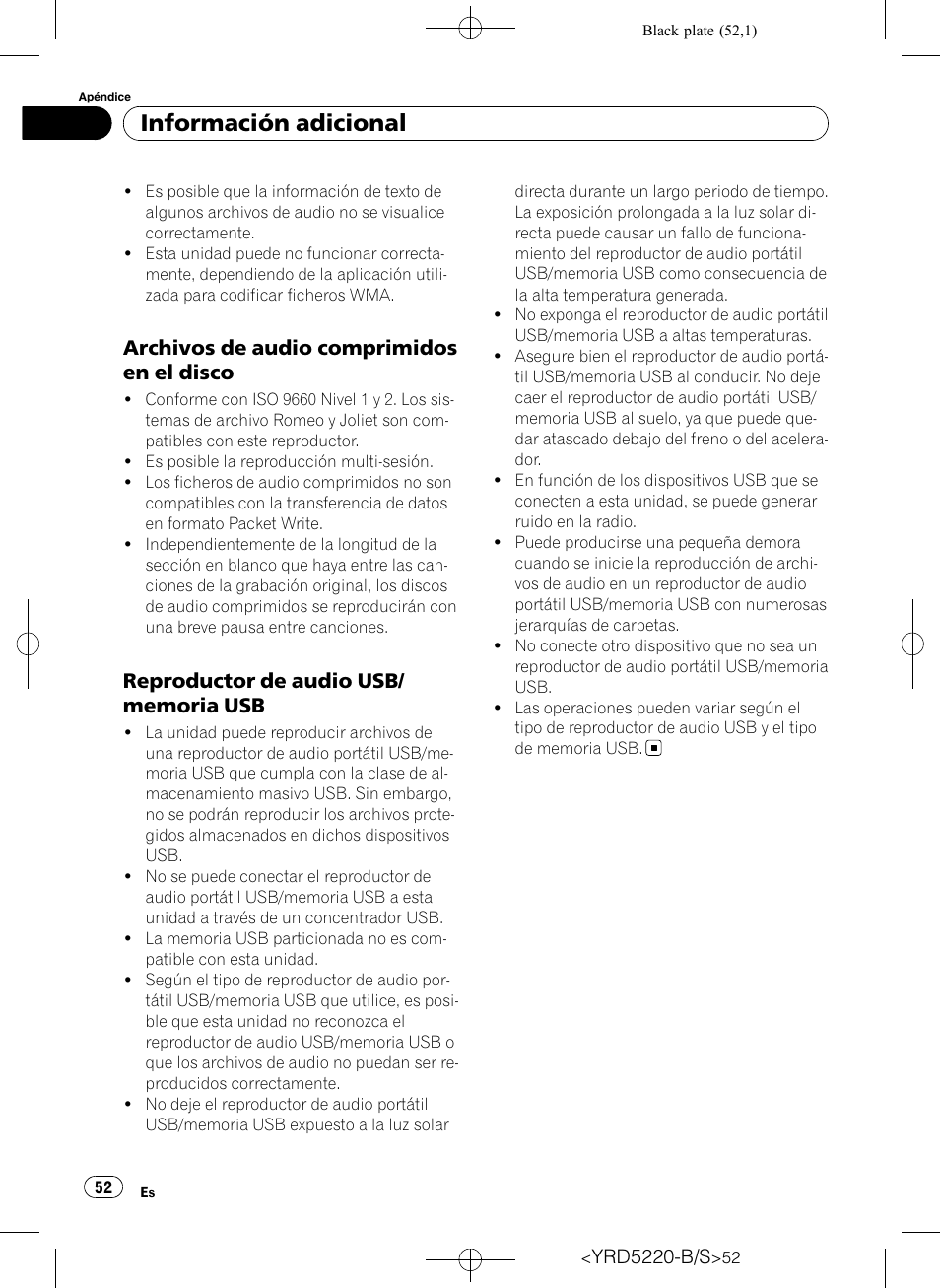 Archivos de audio comprimidos en el, Disco, Reproductor de audio usb/memoria | Información adicional, Archivos de audio comprimidos en el disco | Pioneer Super Tuner III D DEH-2150UB User Manual | Page 52 / 128