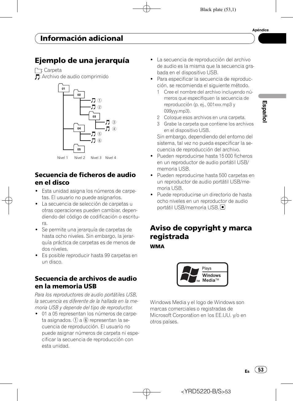 Ejemplo de una jerarquía, Secuencia de ficheros de audio en el, Disco | Secuencia de archivos de audio en la, Memoria usb, Aviso de copyright y marca registrada, Información adicional, Secuencia de ficheros de audio en el disco | Pioneer Super Tuner III D DEH-2150UB User Manual | Page 53 / 128