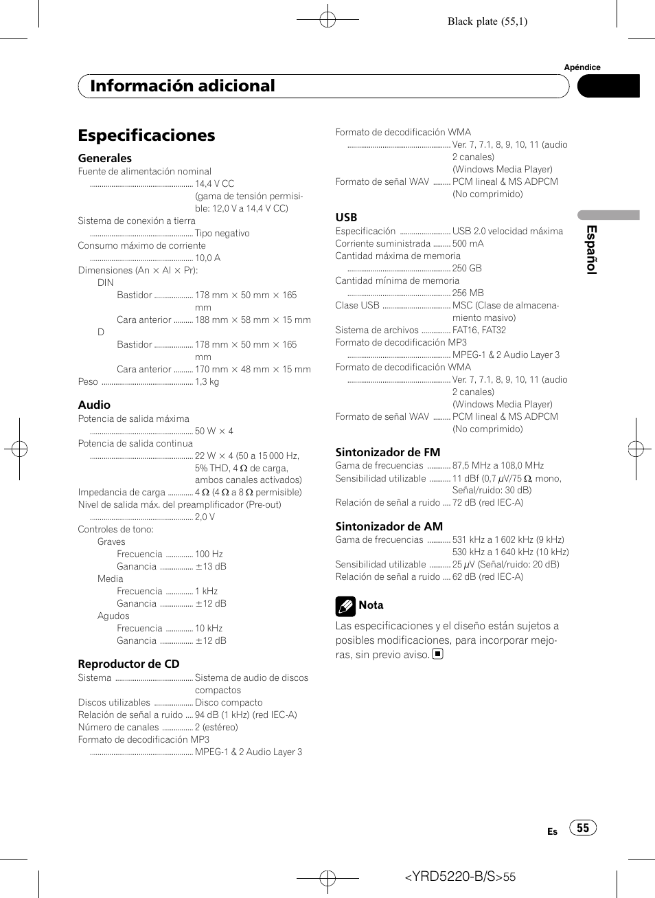 Especificaciones, Información adicional, Yrd5220-b/s | Español | Pioneer Super Tuner III D DEH-2150UB User Manual | Page 55 / 128