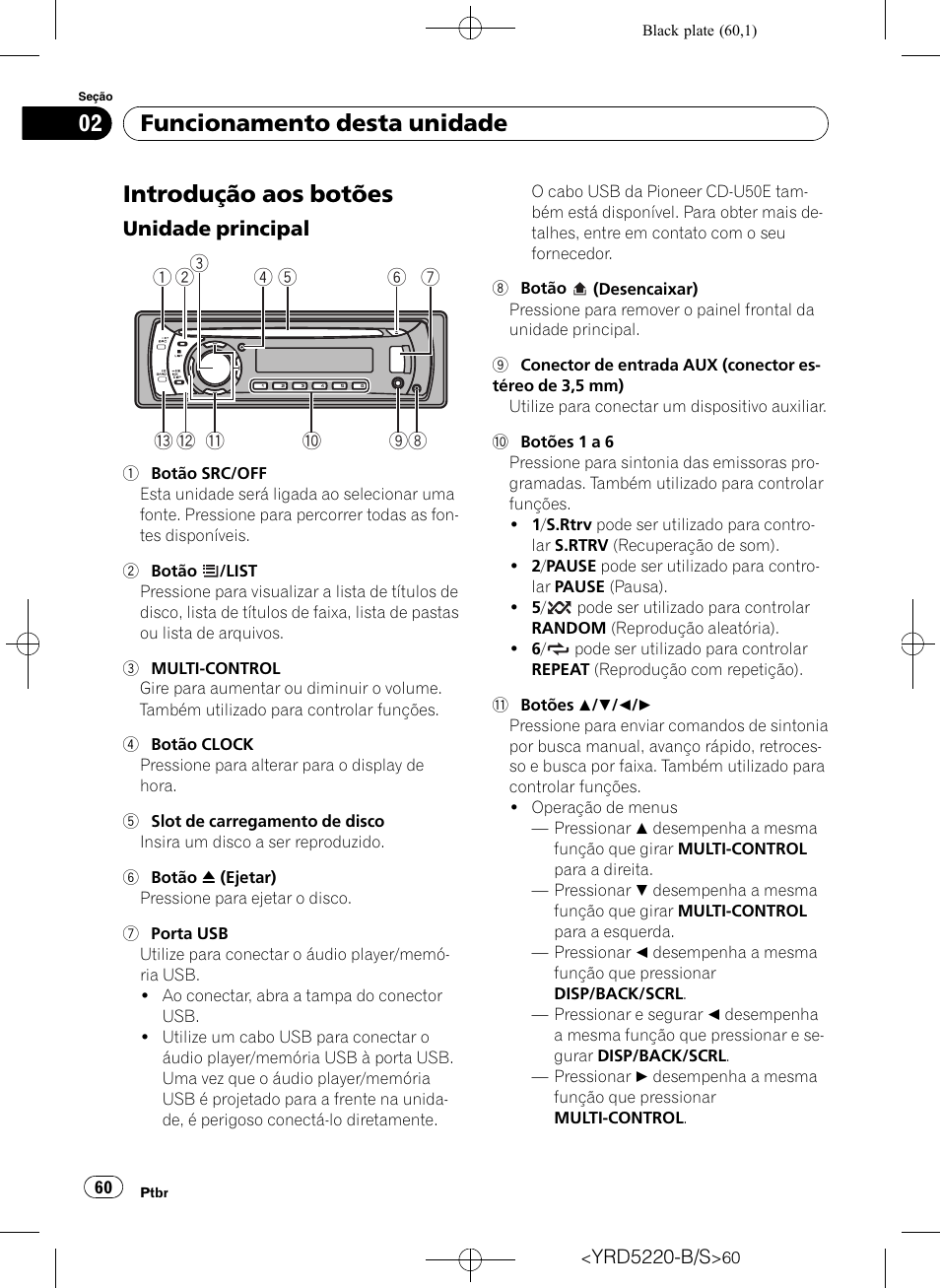 Funcionamento desta unidade introdução aos botões, Unidade principal 60, Introdução aos botões | Funcionamento desta unidade | Pioneer Super Tuner III D DEH-2150UB User Manual | Page 60 / 128