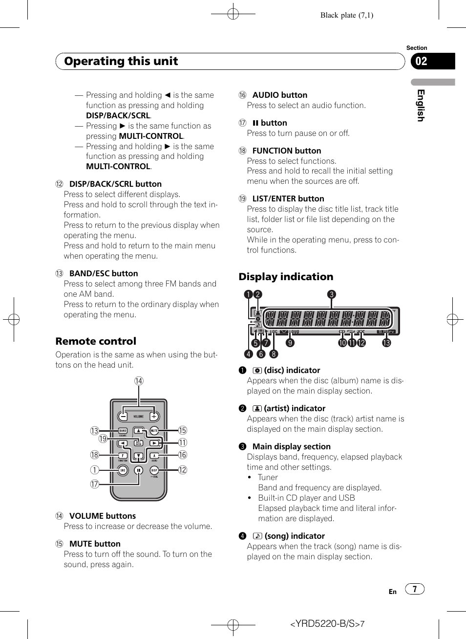 Remote control 7, Display indication 7, Operating this unit | Pioneer Super Tuner III D DEH-2150UB User Manual | Page 7 / 128