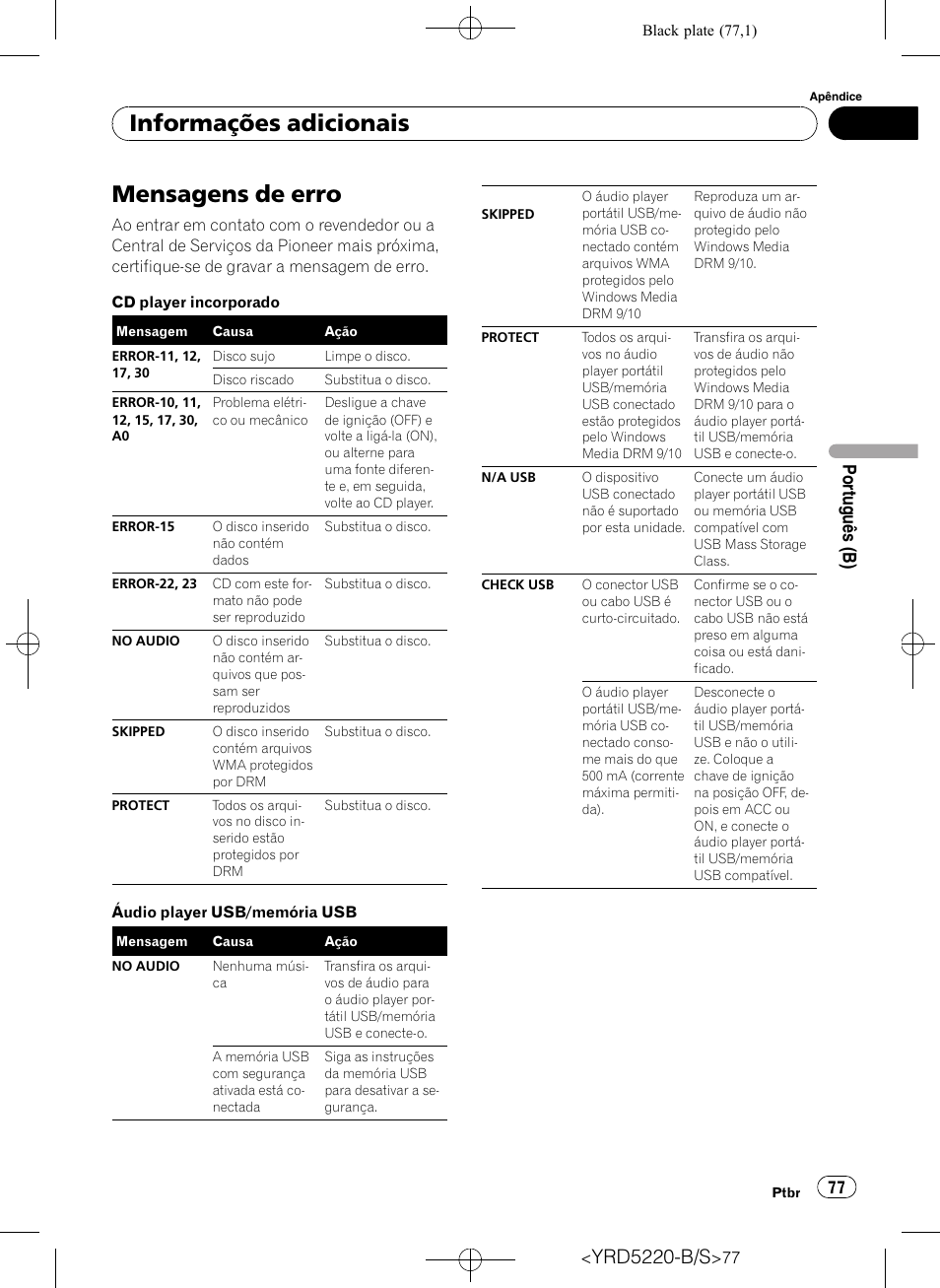 Informações adicionais mensagens de erro, Mensagens de erro, Informações adicionais | Yrd5220-b/s, Portu guês (b) | Pioneer Super Tuner III D DEH-2150UB User Manual | Page 77 / 128