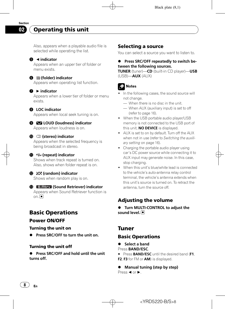 Basic operations, Power on/off 8, Selecting a source 8 | Adjusting the volume 8, Tuner, Basic operations 8, Operating this unit, Power on/off, Selecting a source, Adjusting the volume | Pioneer Super Tuner III D DEH-2150UB User Manual | Page 8 / 128