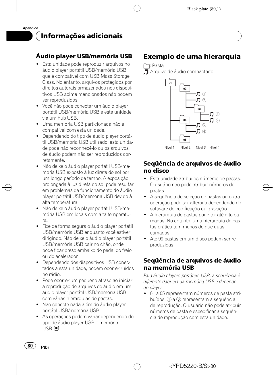 Áudio player usb/memória usb 80, Exemplo de uma hierarquia, Seqüência de arquivos de áudio no | Disco, Seqüência de arquivos de áudio na, Memória usb, Informações adicionais, Áudio player usb/memória usb, Seqüência de arquivos de áudio no disco, Seqüência de arquivos de áudio na memória usb | Pioneer Super Tuner III D DEH-2150UB User Manual | Page 80 / 128