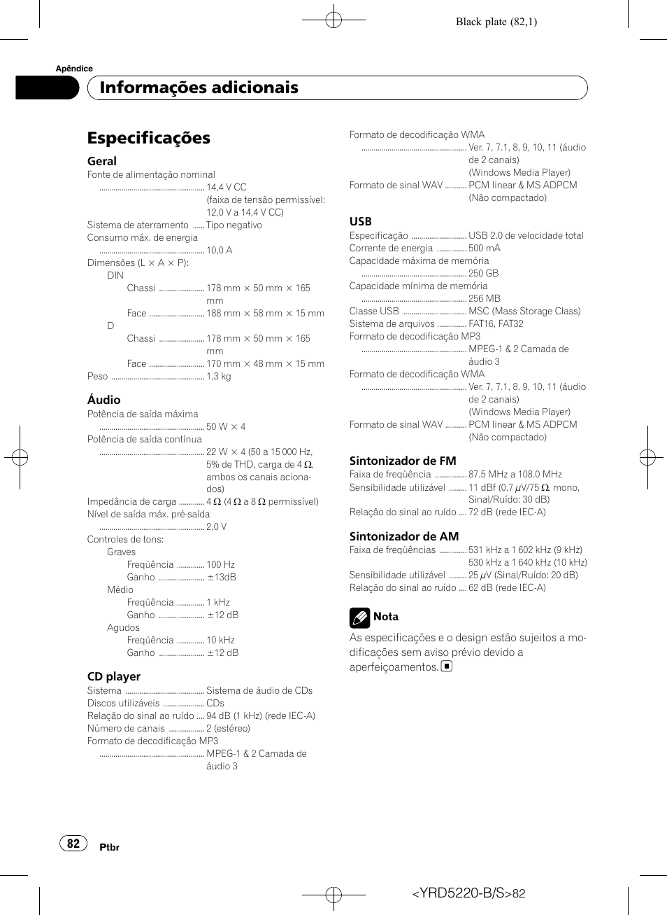 Especificações, Informações adicionais, Yrd5220-b/s | Pioneer Super Tuner III D DEH-2150UB User Manual | Page 82 / 128