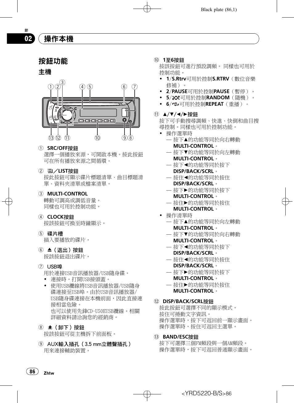 操作本機, 按鈕功能 86, 主機 86 | 按 鈕 功能 | Pioneer Super Tuner III D DEH-2150UB User Manual | Page 86 / 128