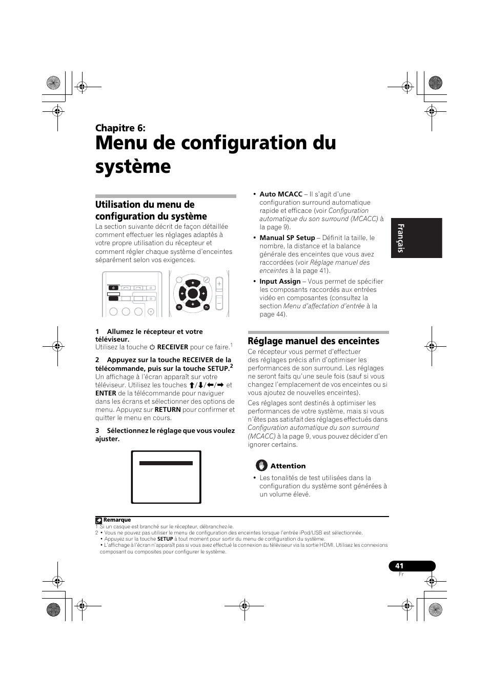 Utilisation du menu de configuration du système, Réglage manuel des enceintes, Menu de configuration du système | Chapitre 6, English français español | Pioneer VSX-819H User Manual | Page 111 / 213