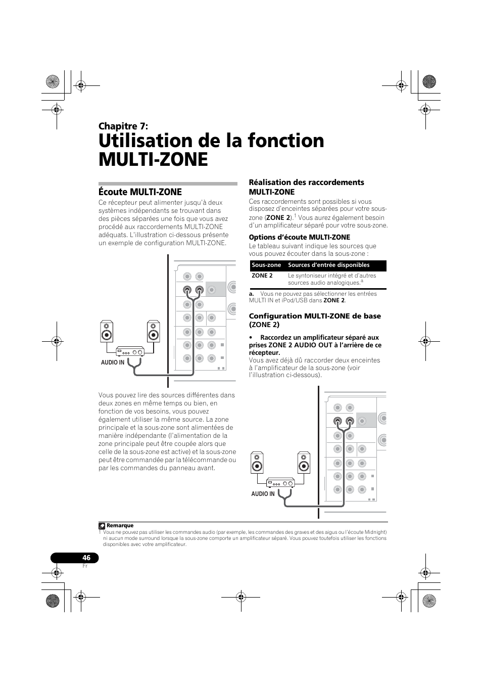 Écoute multi-zone, Réalisation des raccordements multi-zone, Utilisation de la fonction multi-zone | Chapitre 7, Options d’écoute multi-zone, Configuration multi-zone de base (zone 2), Audio in | Pioneer VSX-819H User Manual | Page 116 / 213