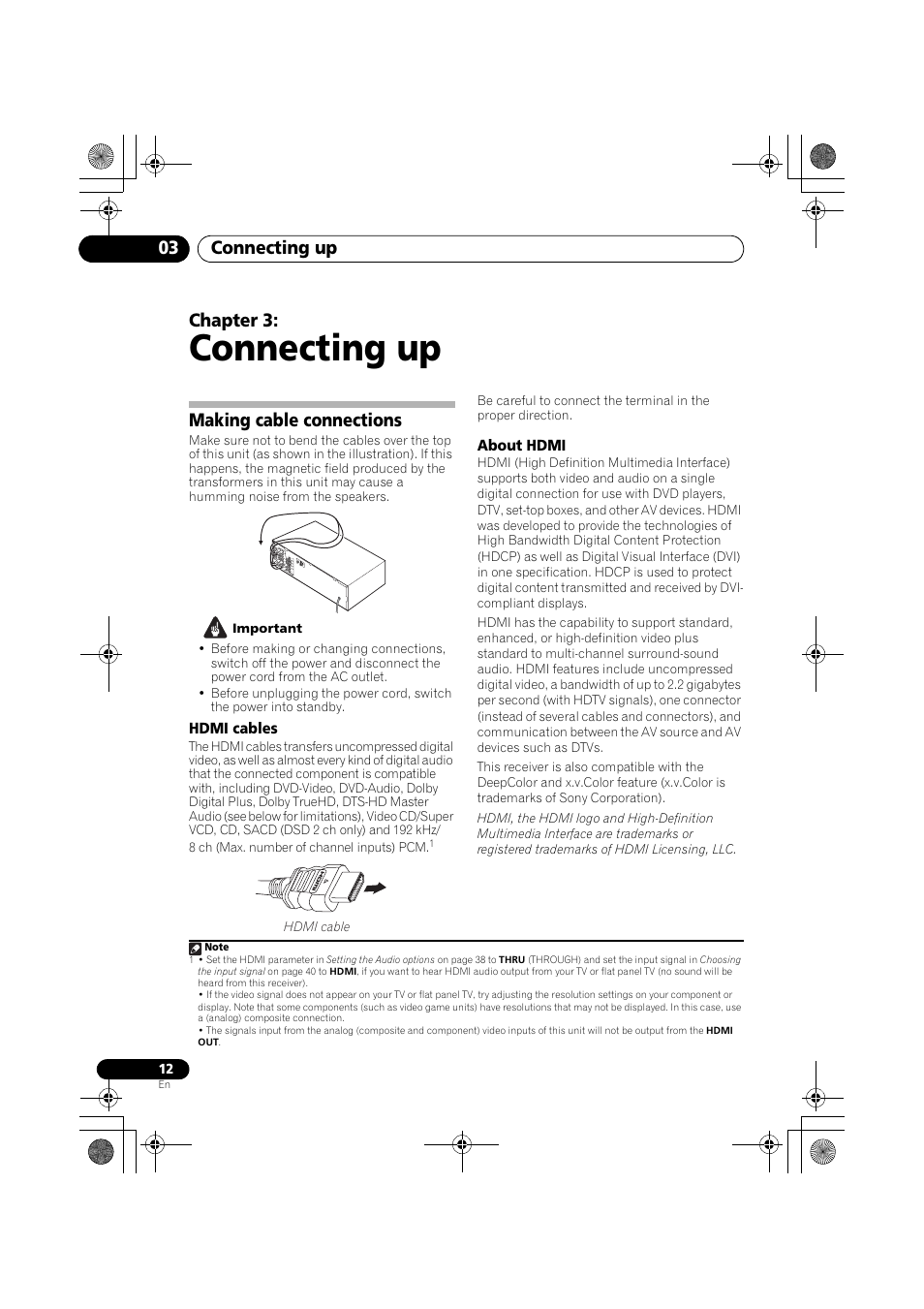 Making cable connections, Hdmi cables about hdmi, Connecting up | Connecting up 03, Chapter 3 | Pioneer VSX-819H User Manual | Page 12 / 213