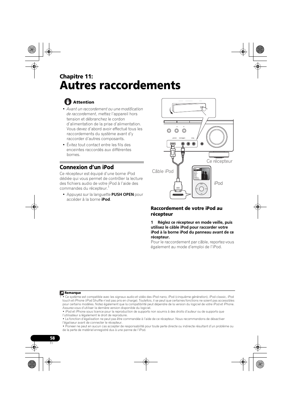Connexion d’un ipod, Raccordement de votre ipod au récepteur, Autres raccordements | Chapitre 11, Ipod, Ce récepteur câble ipod | Pioneer VSX-819H User Manual | Page 128 / 213