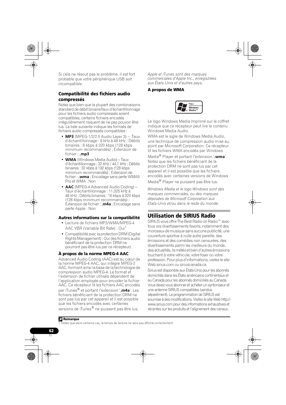 Compatibilité des fichiers audio compressés, Utilisation de sirius radio | Pioneer VSX-819H User Manual | Page 132 / 213