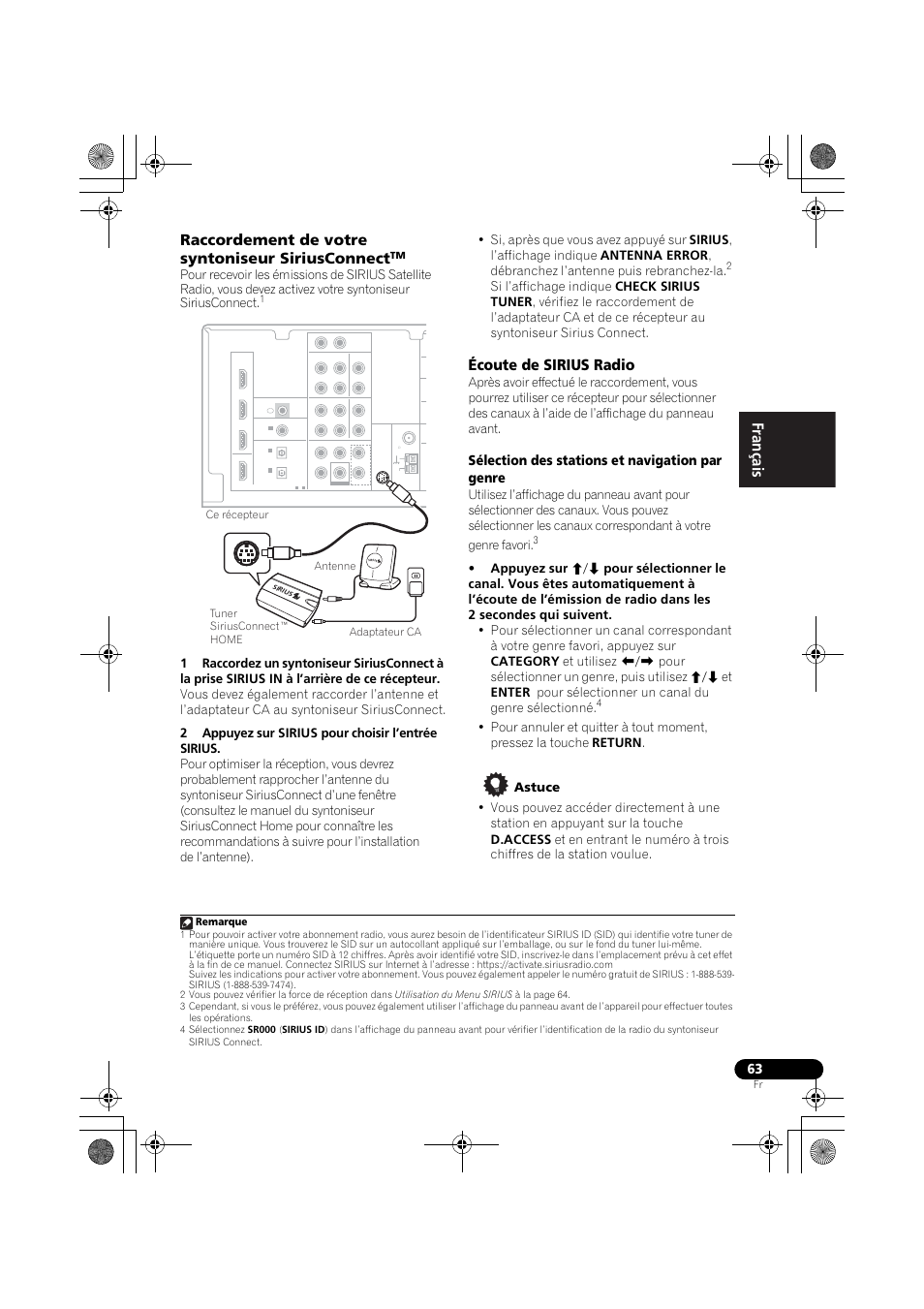 Raccordement de votre syntoniseur siriusconnect, Écoute de sirius radio, English français español | Sélection des stations et navigation par genre | Pioneer VSX-819H User Manual | Page 133 / 213