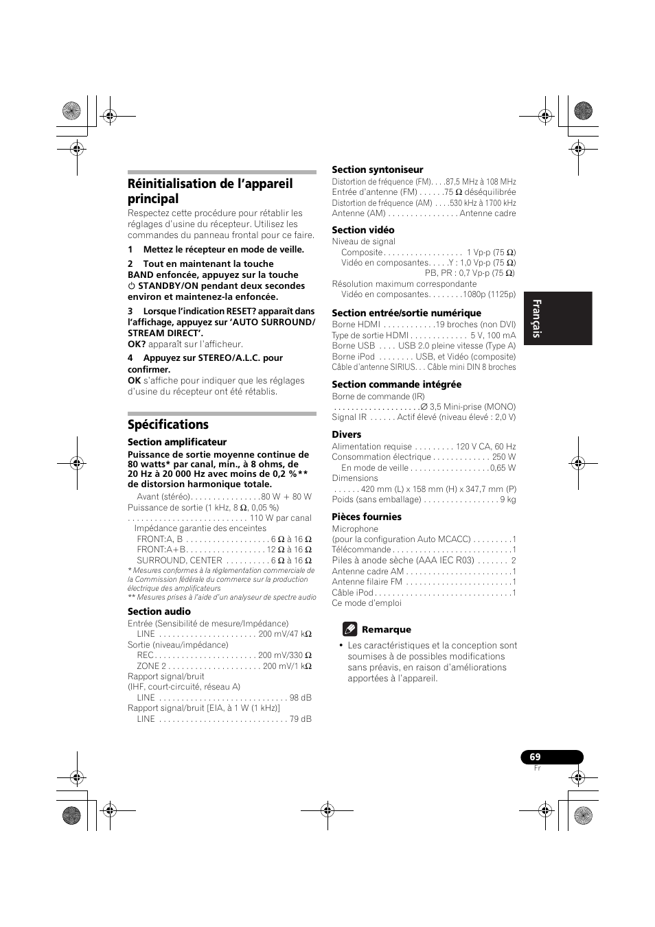 Réinitialisation de l’appareil principal, Spécifications | Pioneer VSX-819H User Manual | Page 139 / 213